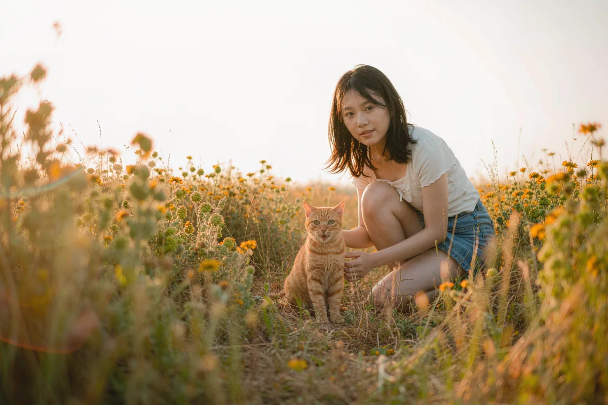 AI-generated Golden Hour portrait of a person with their Ginger tabby cat